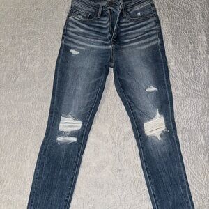 Buckle Ripped Skinny Jeans - Dark Blue 26x27